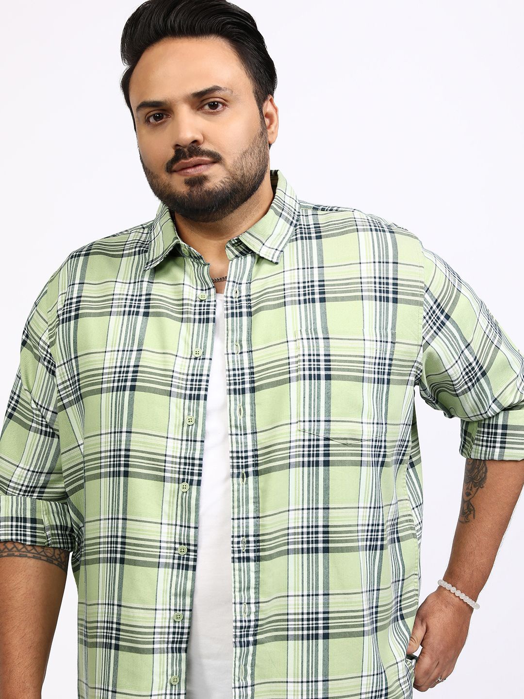 

Highlander Men Checks Plus Size Relaxed Fit Shirt, Green