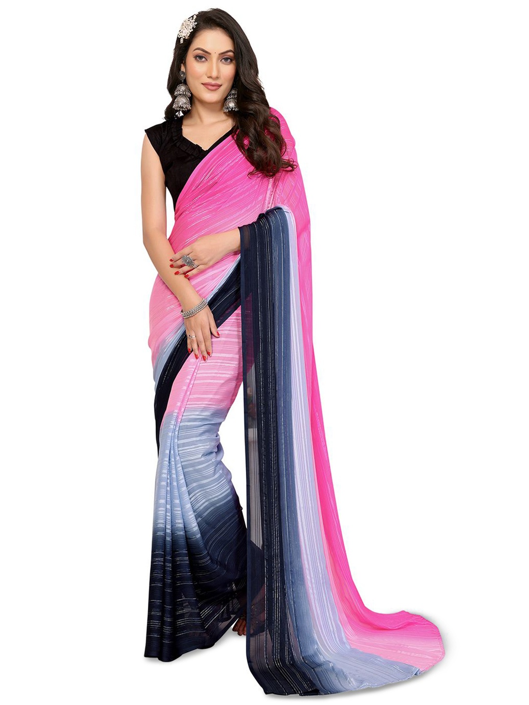 

Moda Rapido Striped Satin Saree, Pink