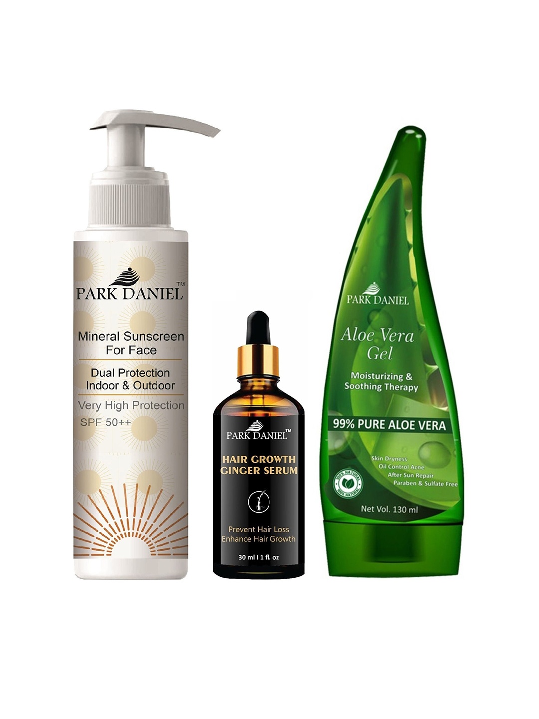 

Park Daniel Set Of Face Sunscreen, Hair Serum & Aloe Vera Gel - 100ml + 30ml + 130ml, White