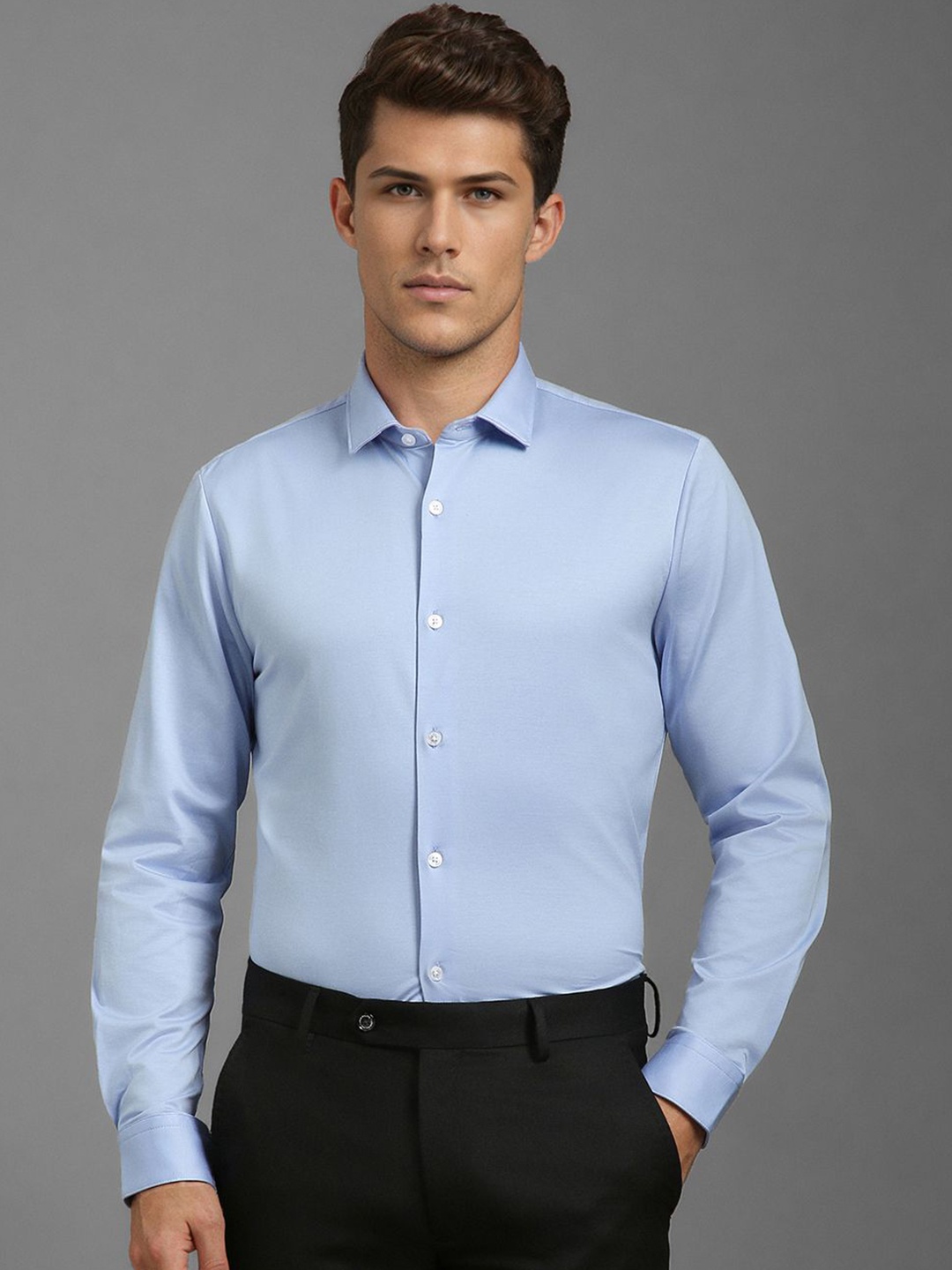 

Louis Philippe Men Spread Collar Solid Cotton Slim Fit Formal Shirt, Blue