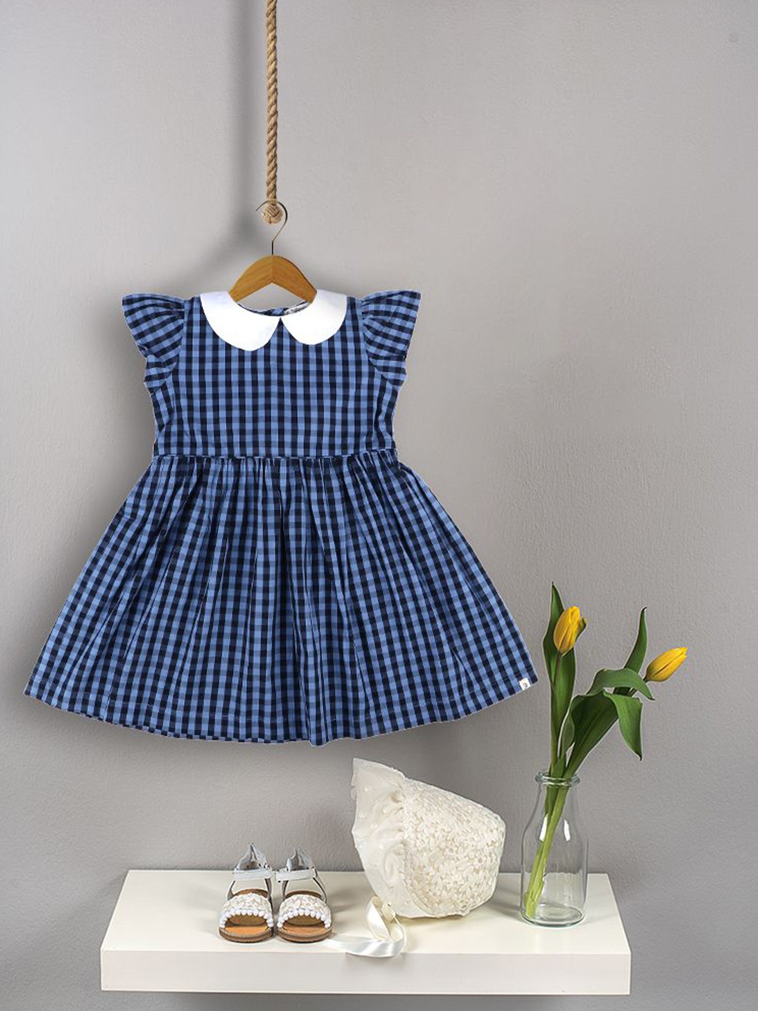 

Biglilpeople Girls Checked Peter Pan Collar Puff Sleeve Fit & Flare Dress, Blue