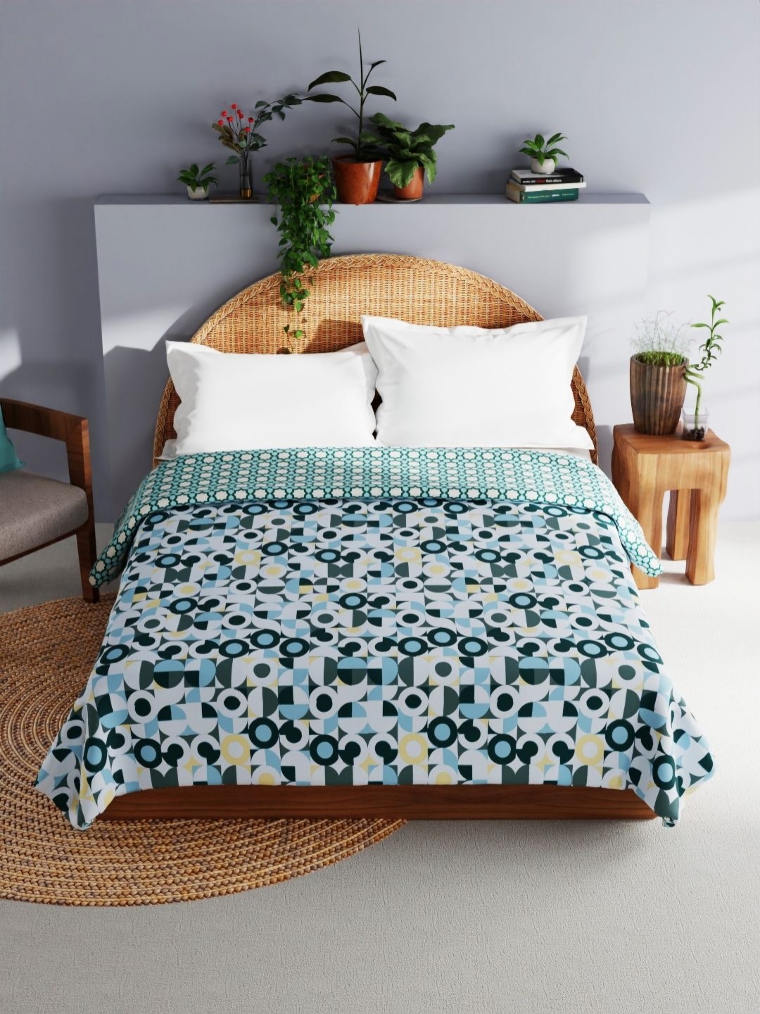 

BIANCA Mezzo Teal & White Geometric Printed Pure Cotton AC Room 150 GSM Double Bed Dohar