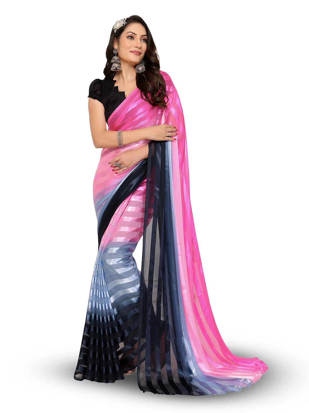 

Moda Rapido Striped Satin Saree, Pink