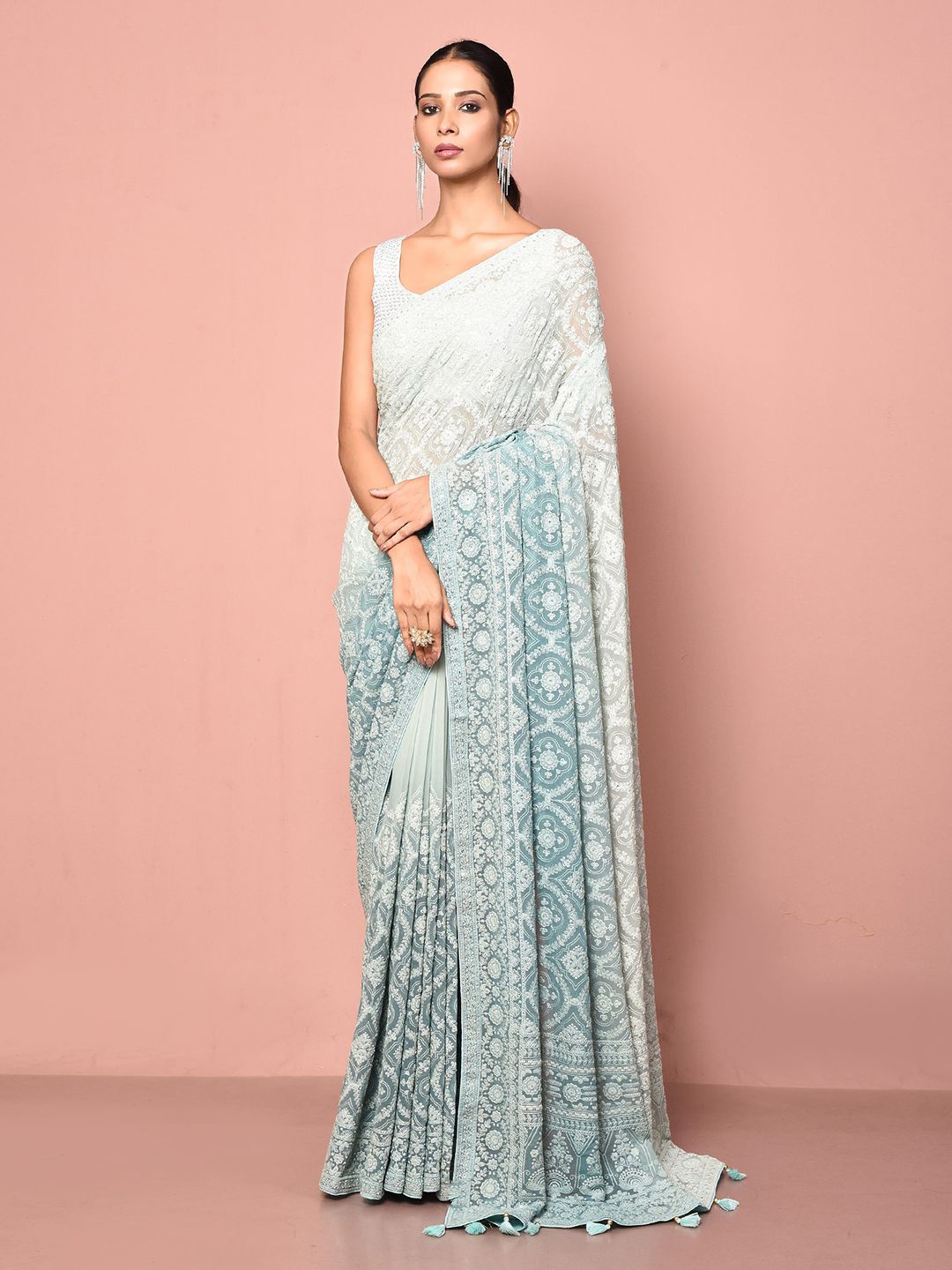 

Nazaakat by Samara Singh Ethnic Motifs Embroidered Poly Georgette Saree, Blue