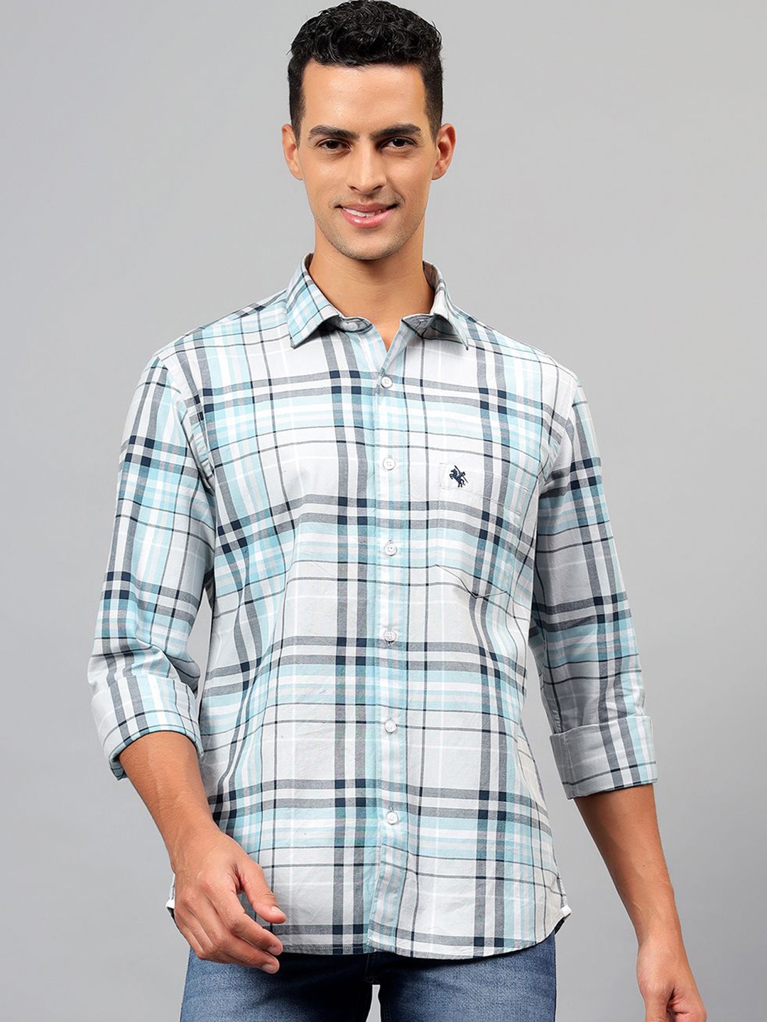 

Cantabil Men Spread Collar Tartan Checked Cotton Casual Shirt, Blue