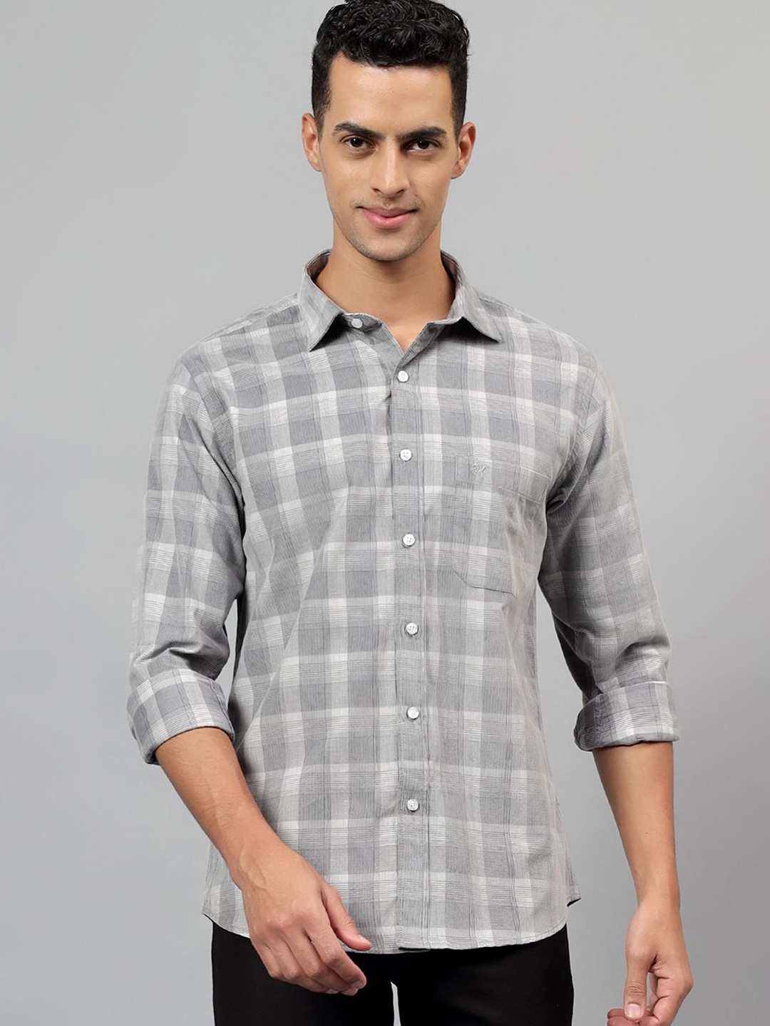 

Cantabil Men Spread Collar Checked Cotton Casual Shirt, Grey