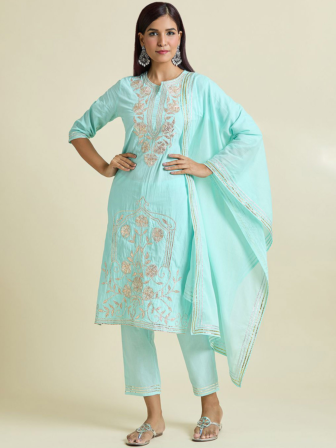 

Samyukta Singhania Floral Embroidered Gotta Patti Pure Cotton Kurta with Trouser & Dupatta, Blue