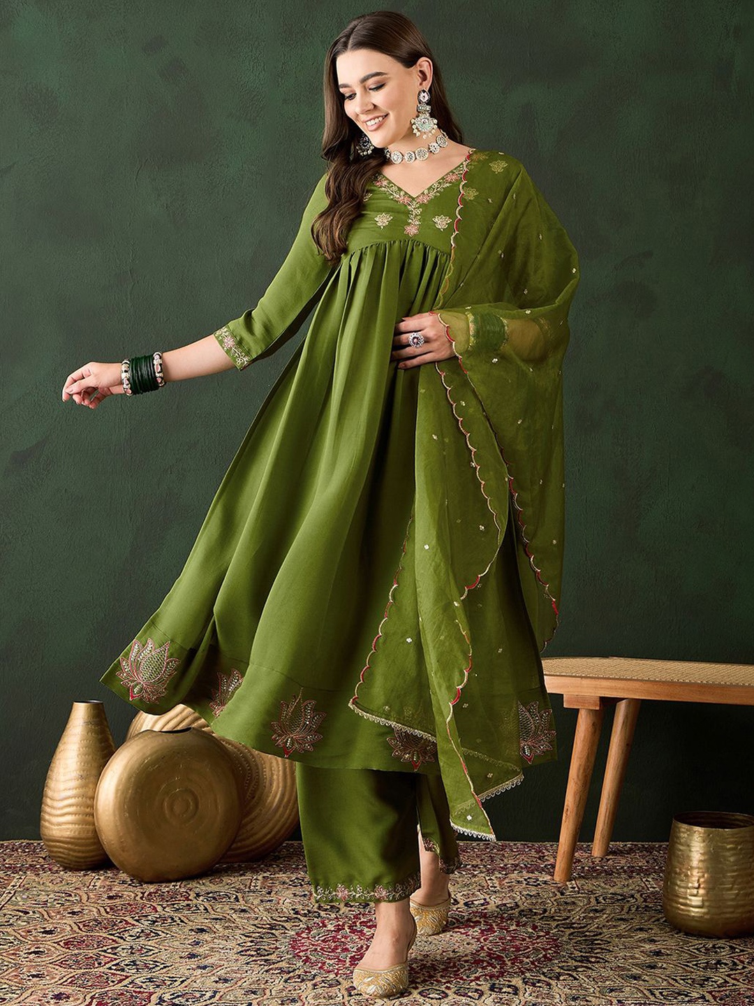 

Sangria Floral Embroidered A Line Kurta With Trousers & Dupatta, Olive