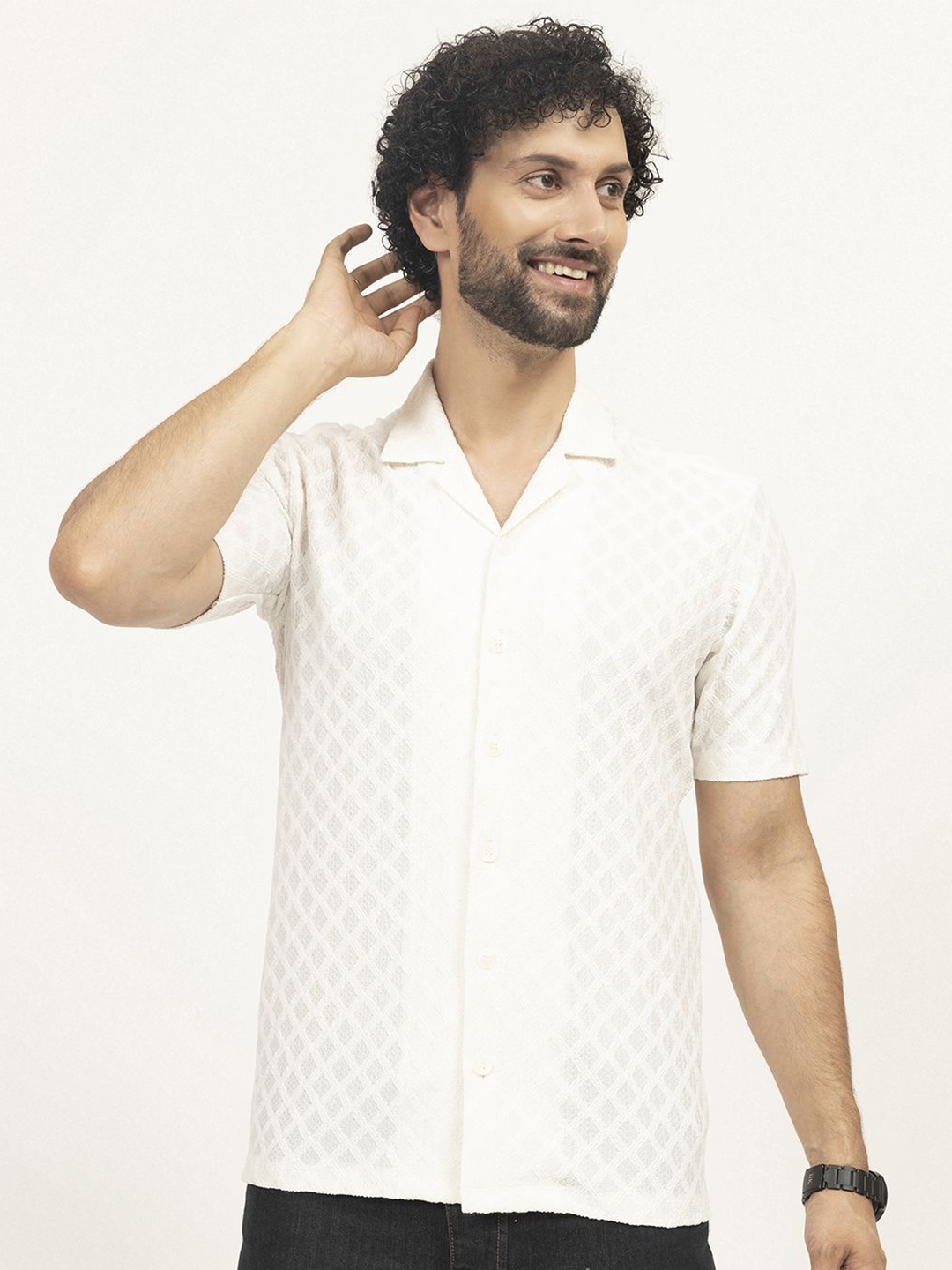 

LELA Men New Cuban Collar Textured Casual Shirt, Off white