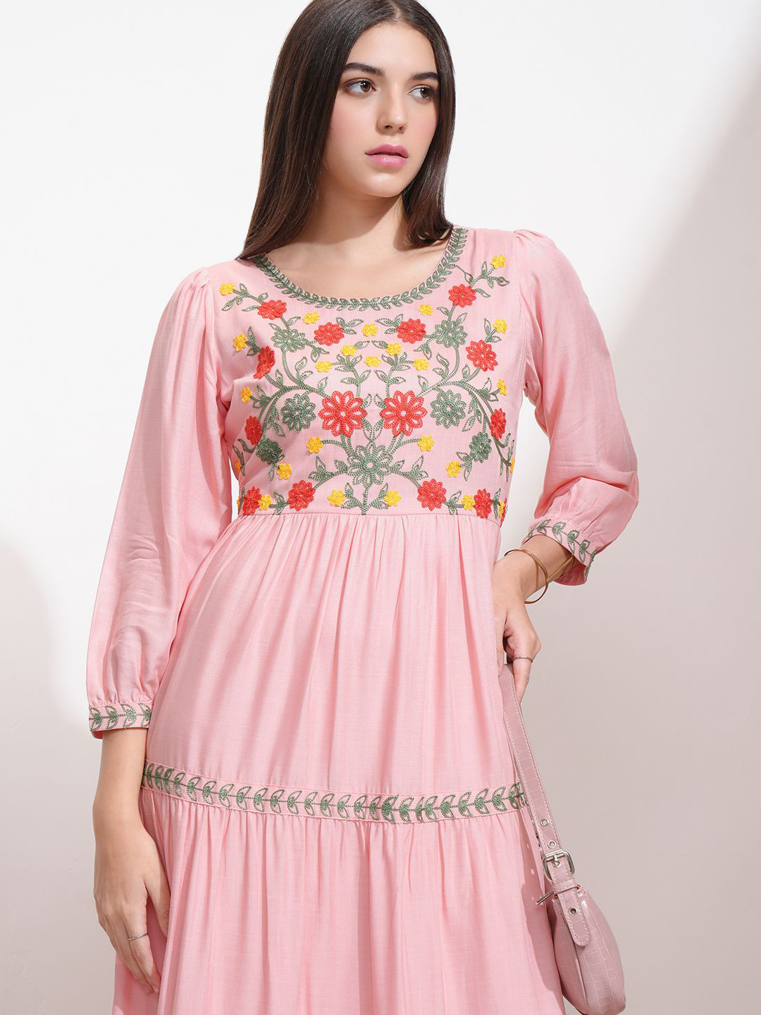 

Vishudh Women Floral Embroidered Bishop Sleeve Maxi Dress, Peach