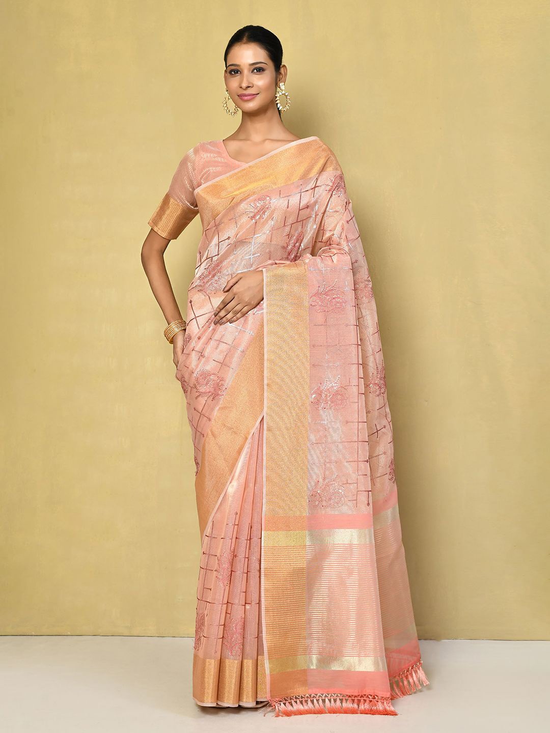 

Nazaakat by Samara Singh Floral Sequinned Art Silk Saree, Peach