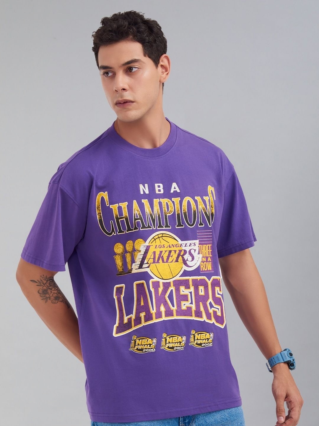 

NBA Men Typography Printed Round Neck Cotton Oversized T-shirt, Purple