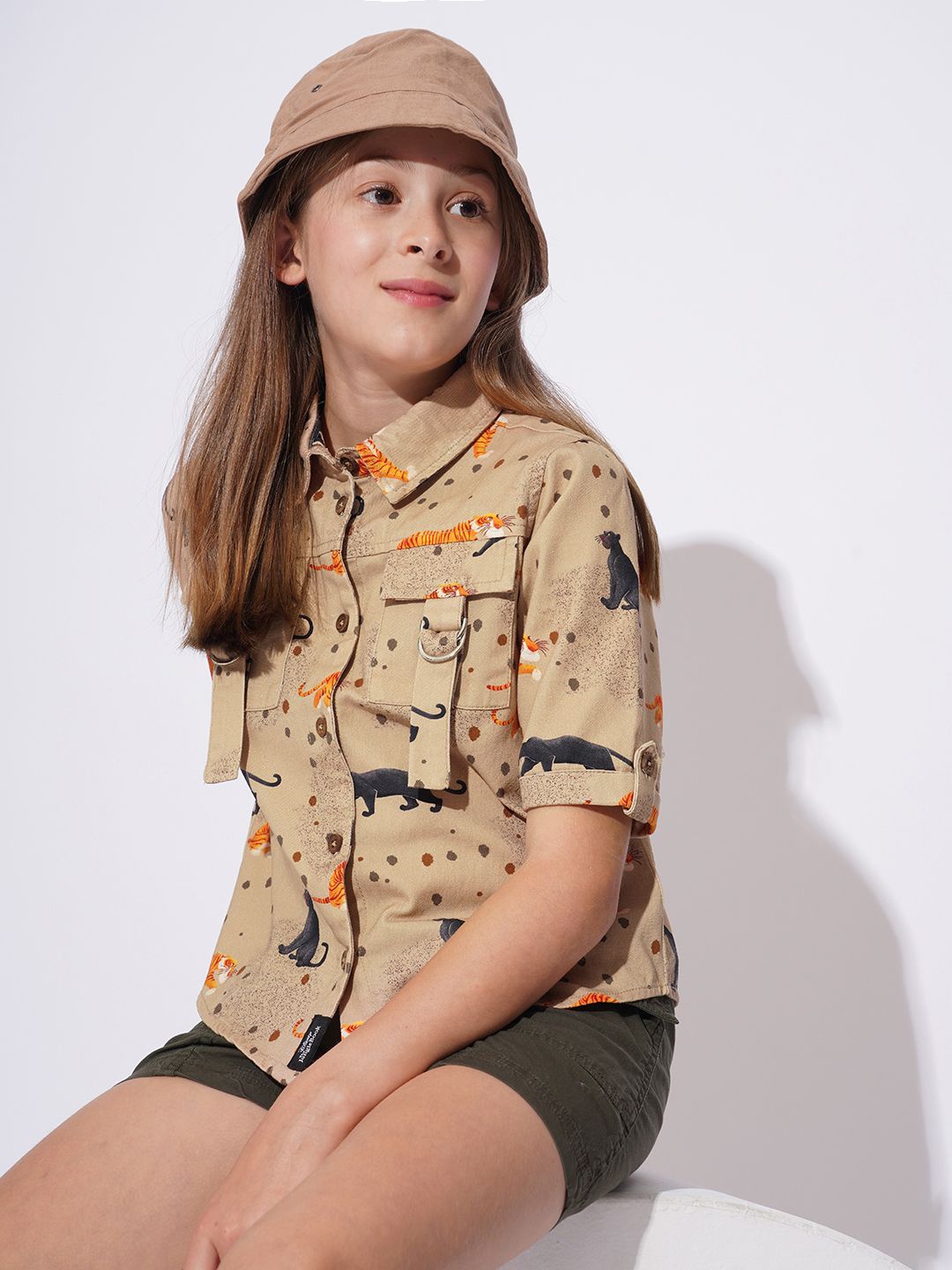 

Vero Moda Girls Spread Collar Animal Printed Cotton Boxy Casual Shirt, Beige