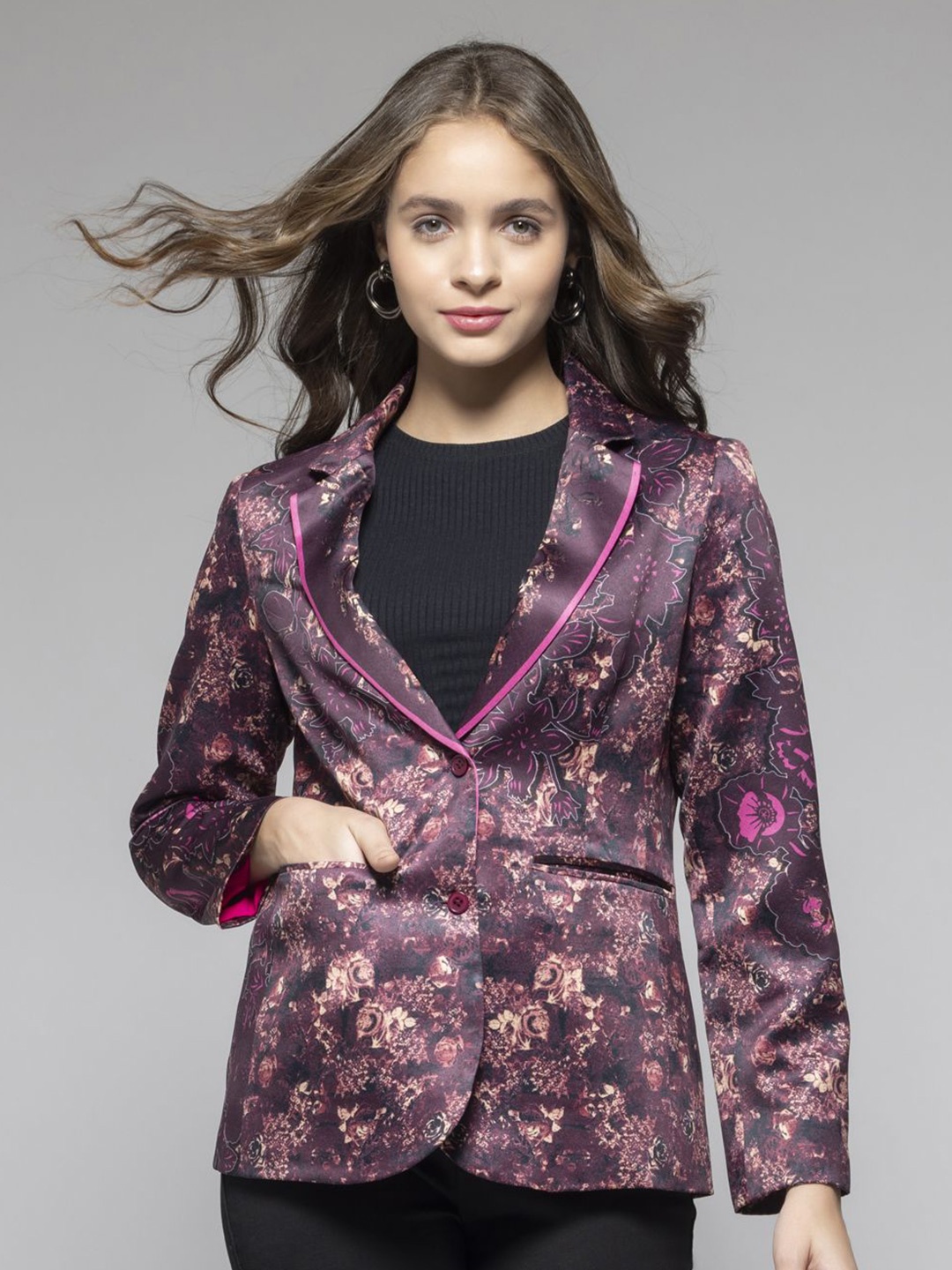 

SHAYE Floral Printed Notch Lapel Collar Single-Breasted Blazers, Purple