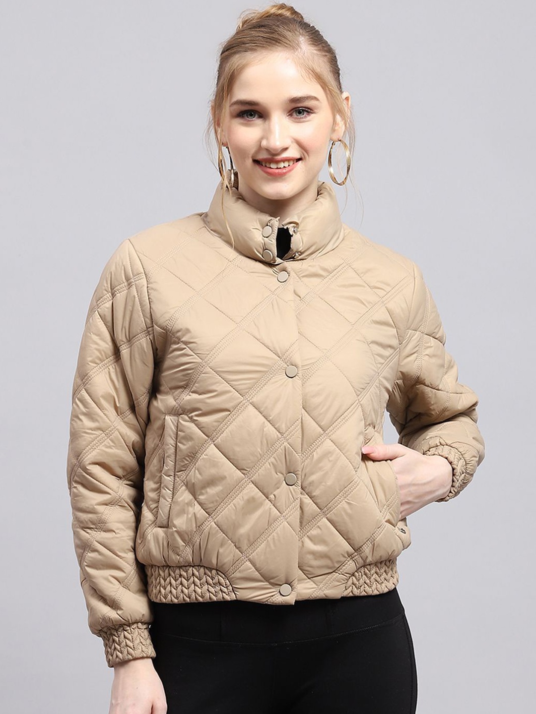 

Monte Carlo Women Mock Collar Solid Nylon Casual Quilted Jacket, Beige