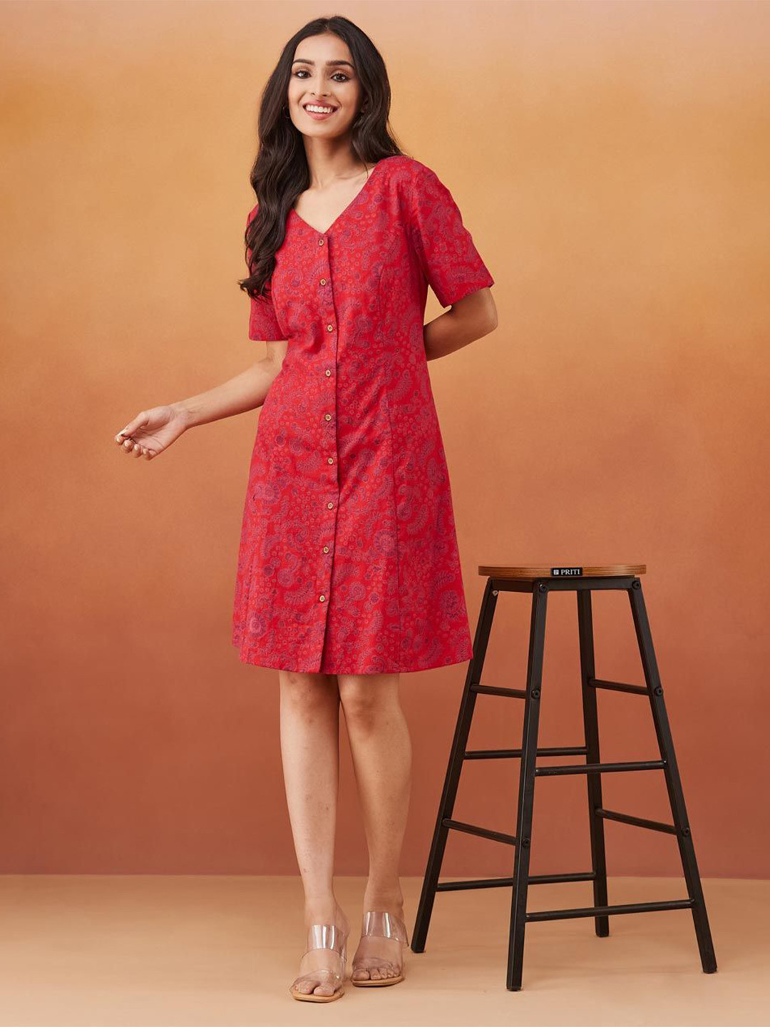 

Fabindia Ethnic Motifs Print Flared Sleeve A-Line Dress, Red