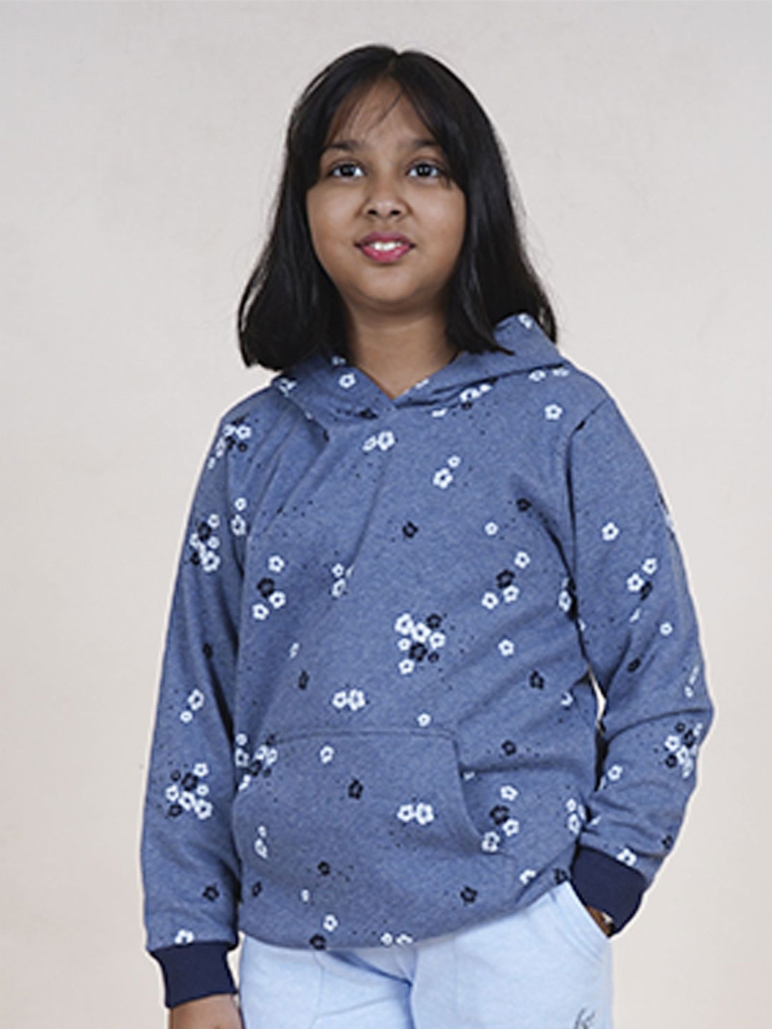 

KiddoPanti Girls Floral Printed Hooded Sweatshirt, Blue