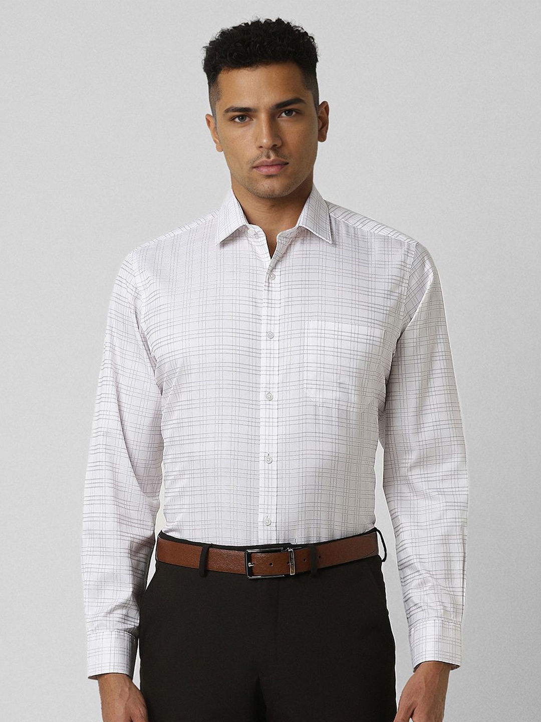 

Van Heusen Men Spread Collar Micro Checked Cotton Formal Shirt, Cream