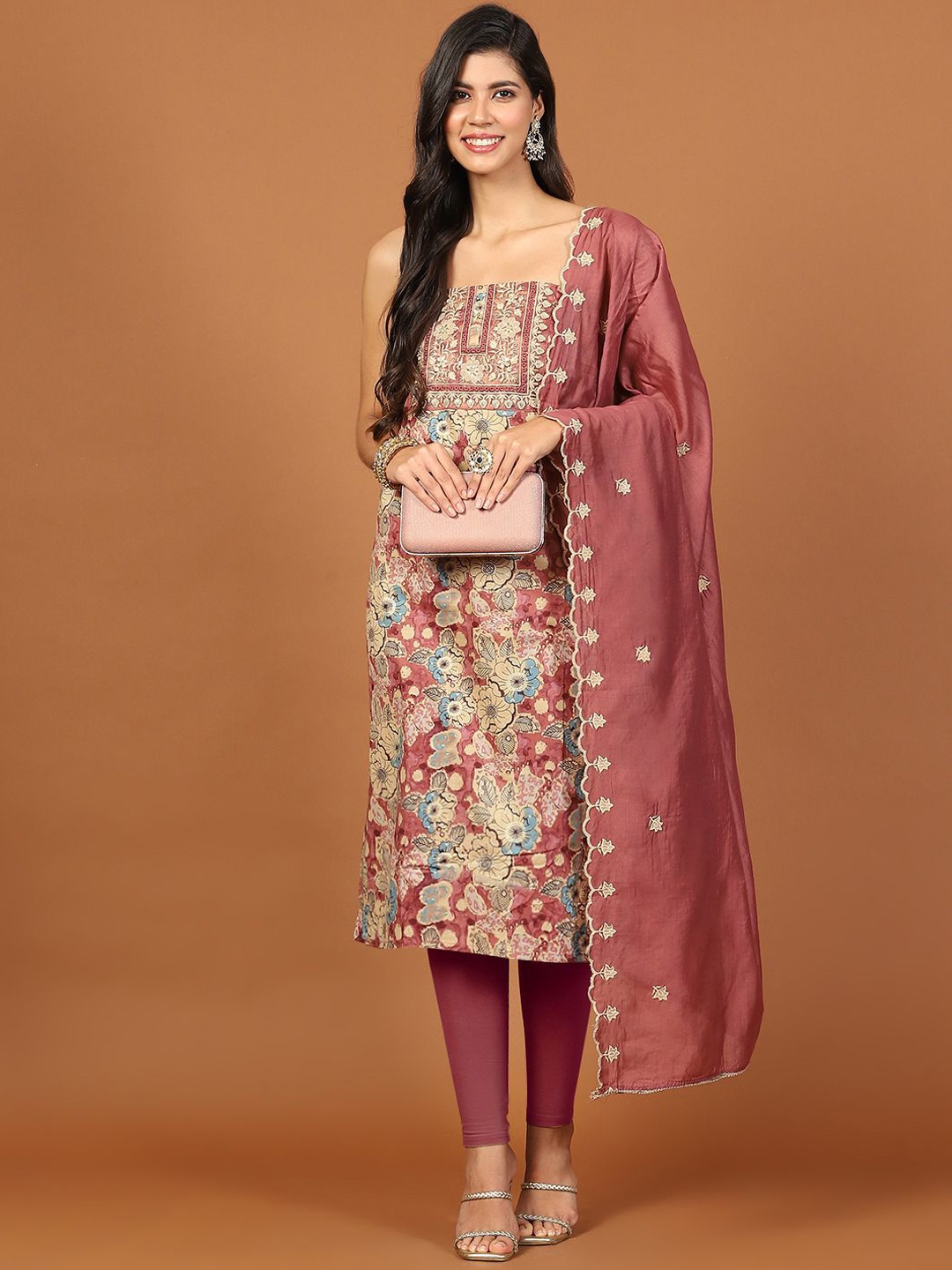 

Meena Bazaar Floral Printed Sequinned Cotton Unstitched Dress Material, Pink