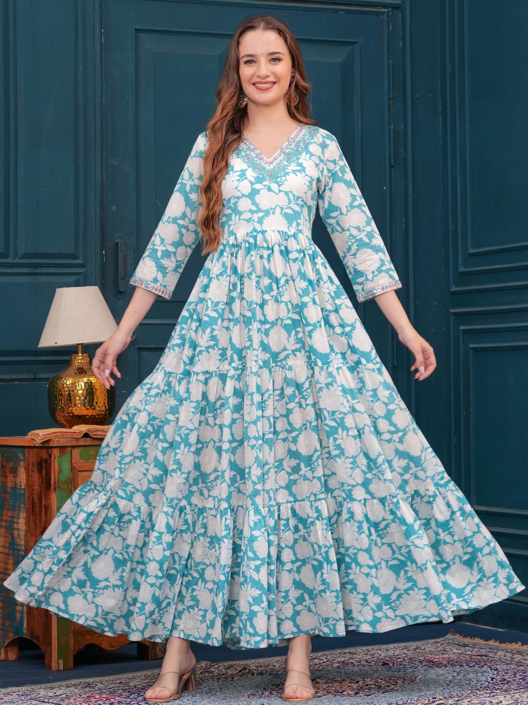 

FASHION DEPTH Floral Printed Regular Cotton Anarkali Kurta, Blue