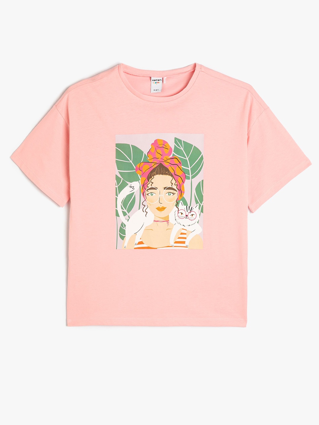 

Koton Girls Graphic Printed Round Neck Cotton T-shirt, Peach