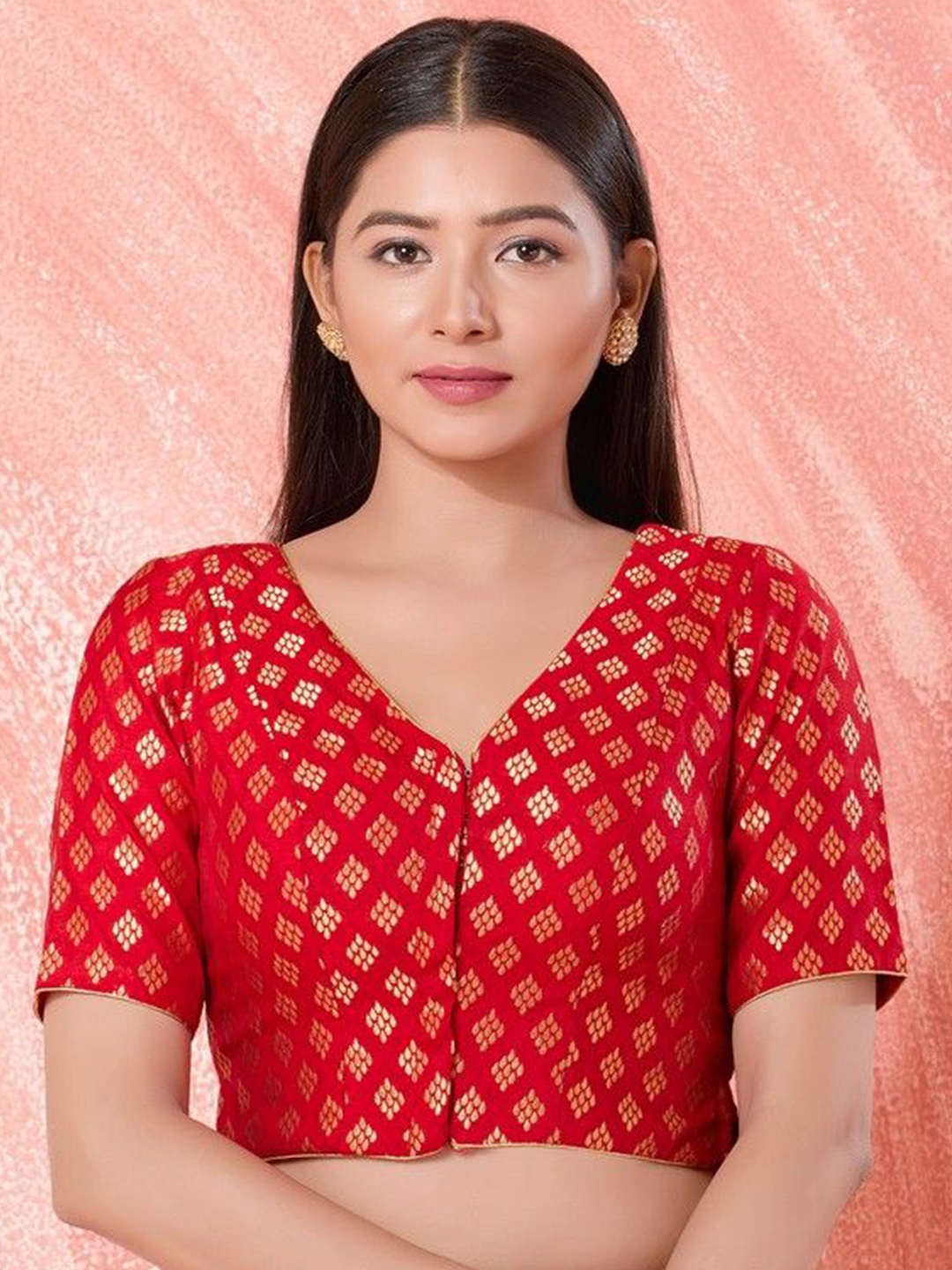 

Mmore Printed V-Neck Saree Blouse, Red