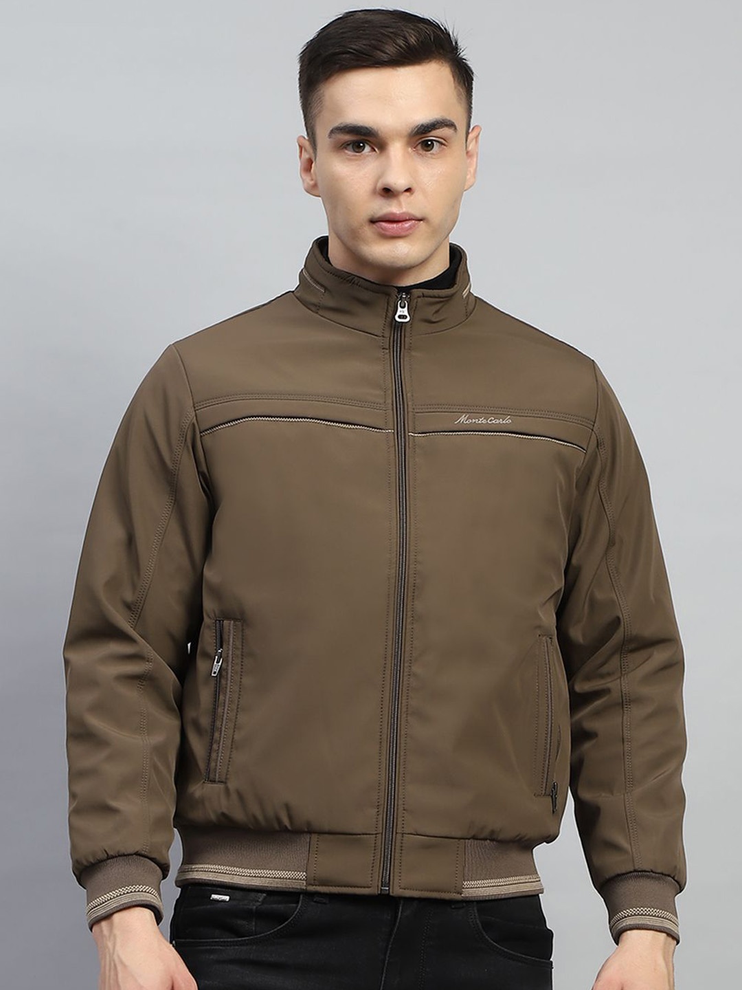 

Monte Carlo Men Mock Collar Solid Casual Bomber Jacket, Brown