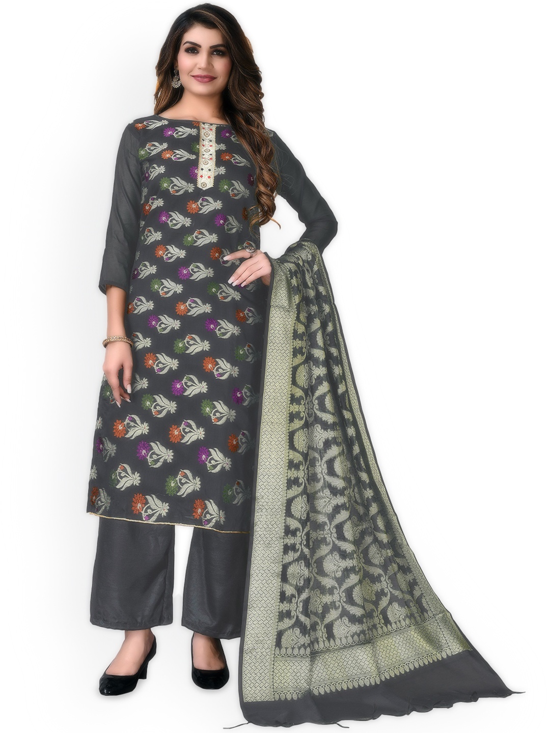

Maroosh Ethnic Motifs Woven Design Zari Unstitched Dress Material, Grey