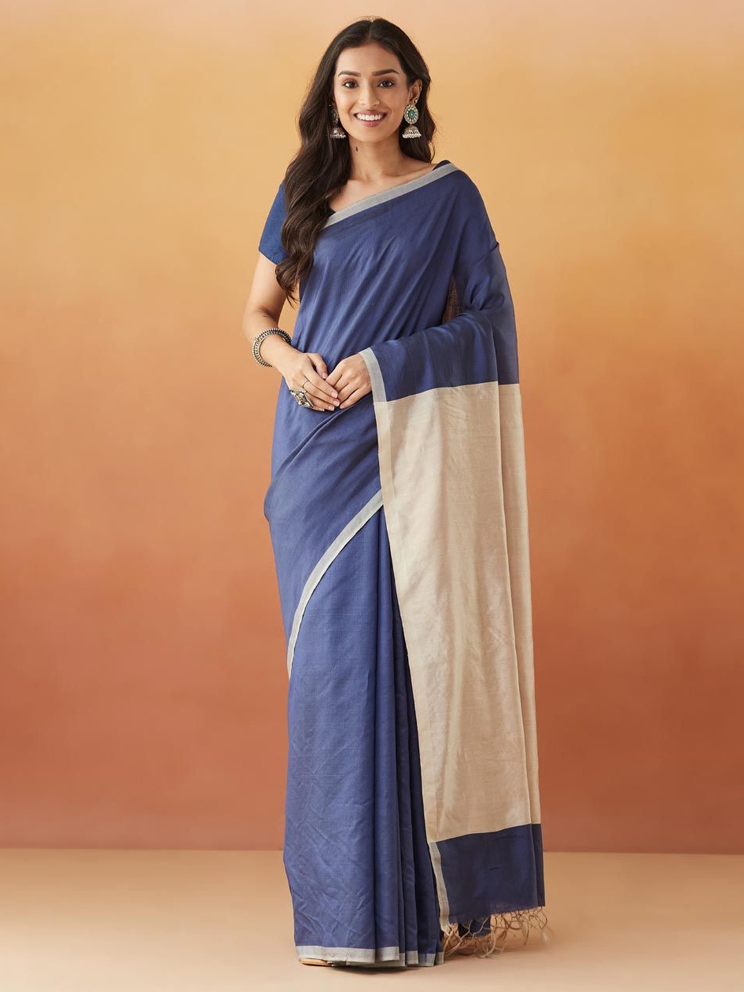 

Fabindia Woven Design Pure Silk Saree, Navy blue