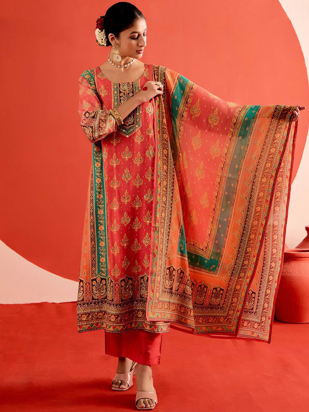 

Jaipur Kurti Ethnic Motifs Woven Design Kurta With Trousers & Dupatta, Pink