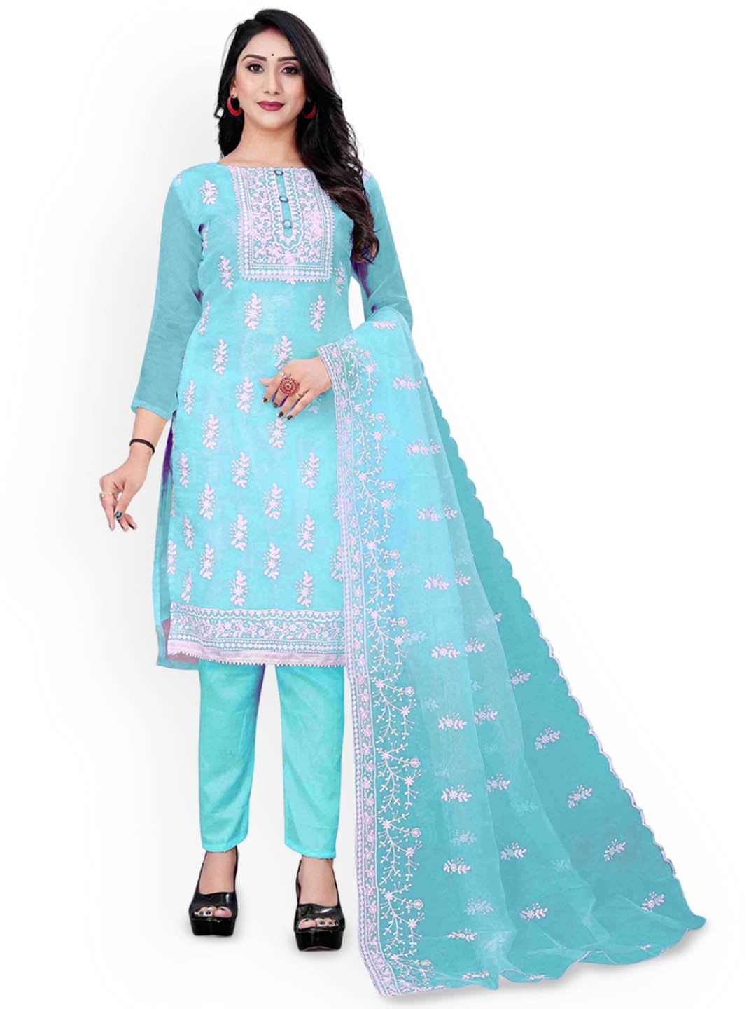 

Maroosh Embroidered Thread Work Organza Unstitched Dress Material, Sea green