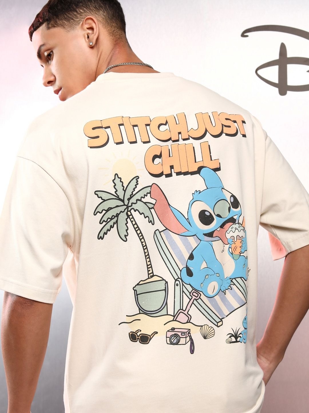 

HIGHLANDER Disney Men Stitch Short Sleeve Oversized Drop Shoulder Tshirt, Cream