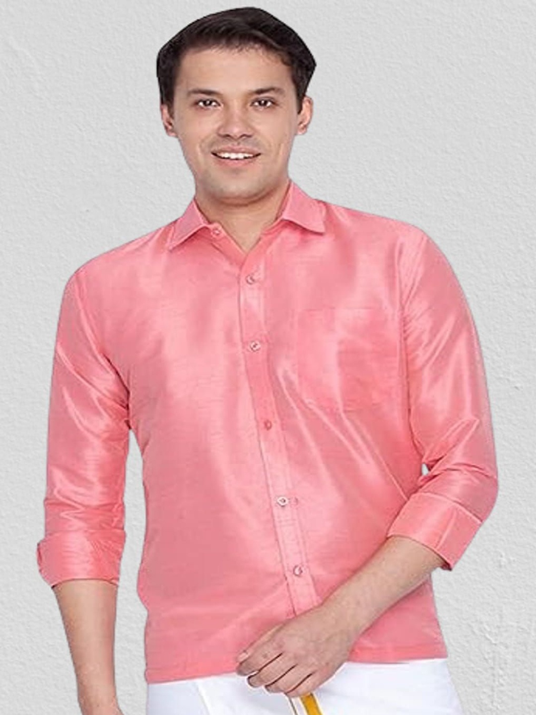 

BANHUSSAIN Men Spread Collar Solid Silk Casual Shirt, Pink