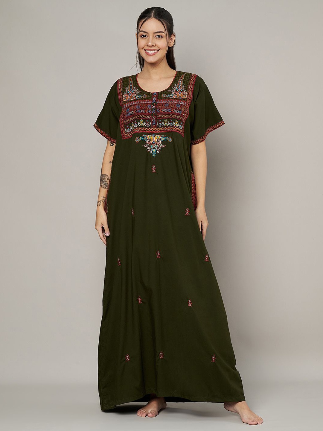 

KOI SLEEPWEAR Women Embroidered Maxi Cotton Nightdress, Olive