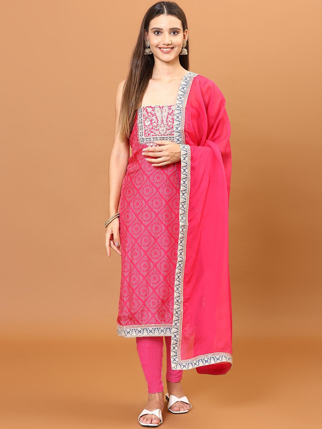 

Meena Bazaar Bandhani Printed Thread Work Art Silk Unstitched Dress Material, Pink