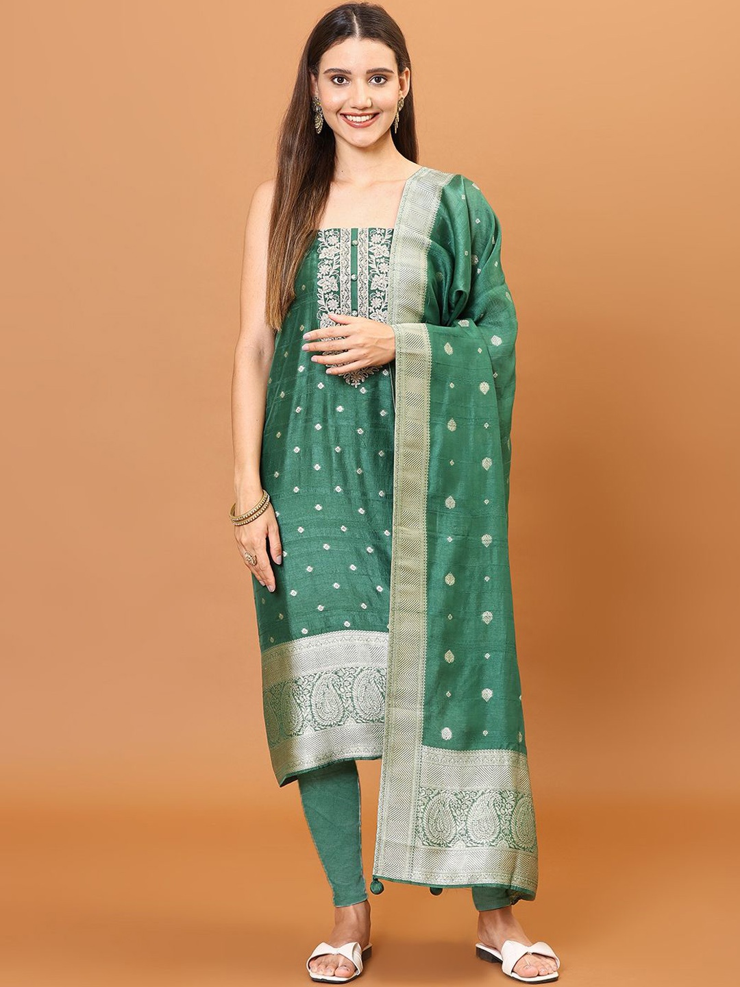

Meena Bazaar Floral Printed Unstitched Dress Material, Green
