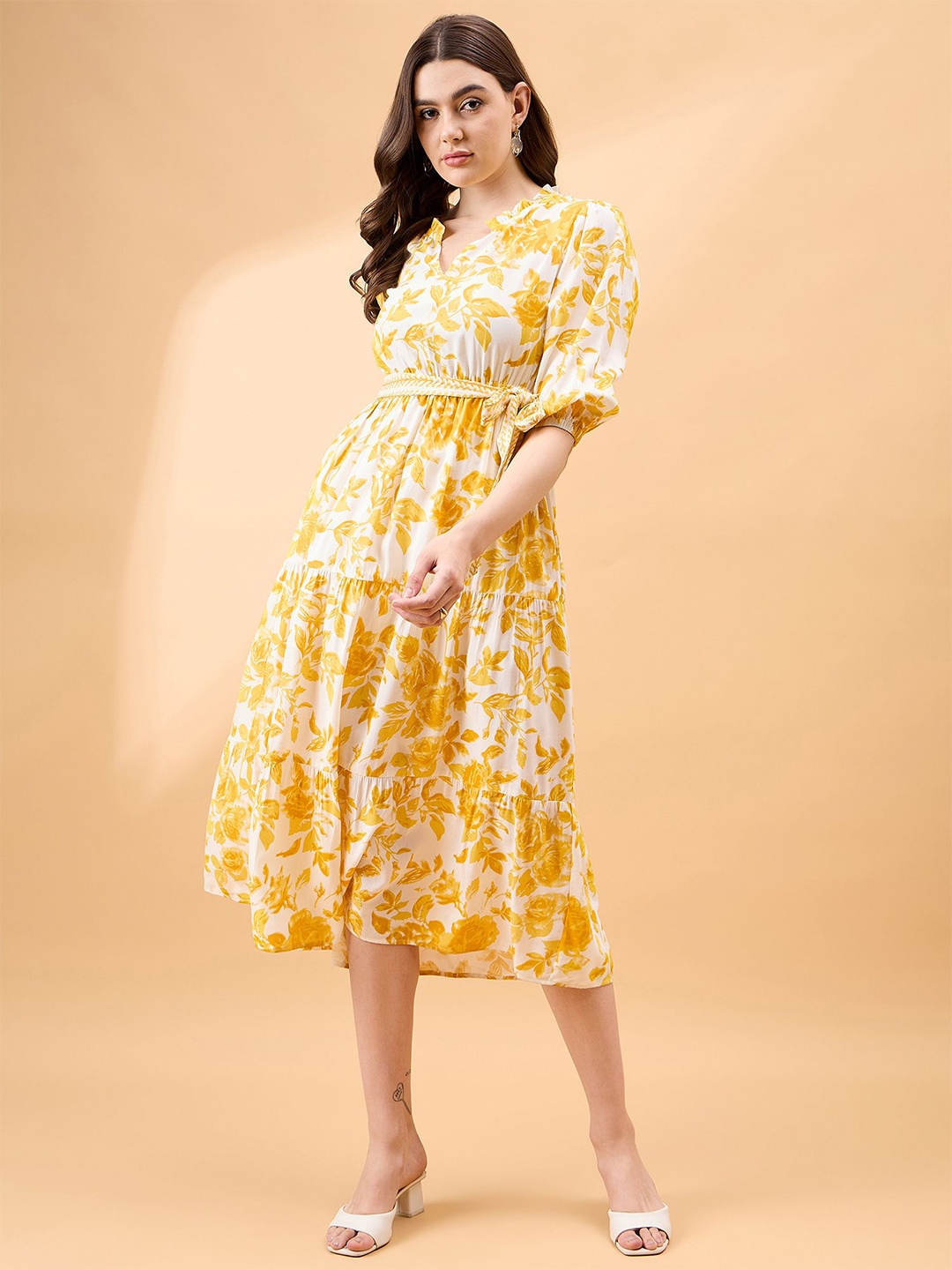 

all about you Floral Print Puff Sleeve Fit & Flare Maxi Dress, Yellow