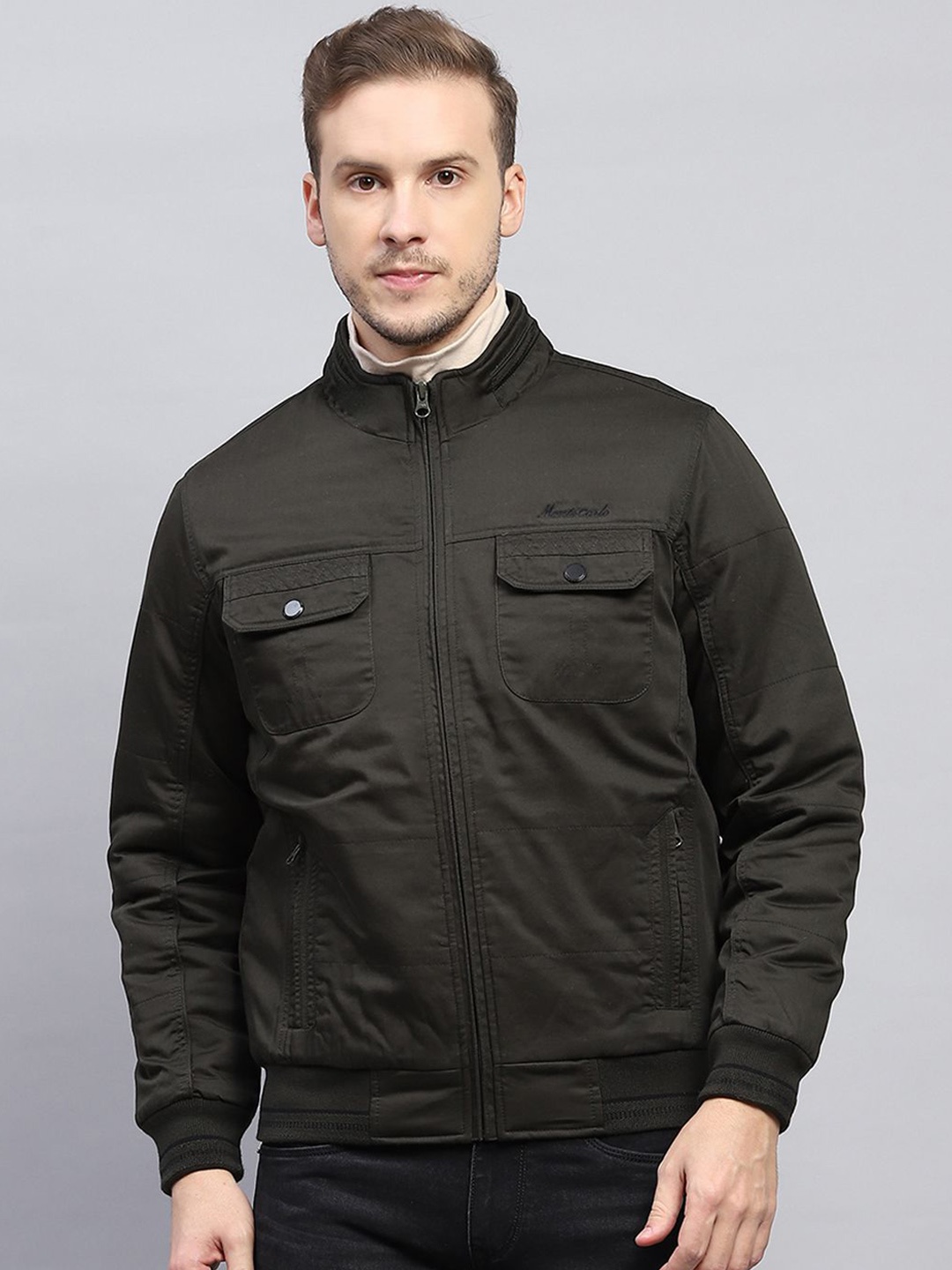 

Monte Carlo Men Mock Collar Solid Cotton Casual Bomber Jacket, Olive