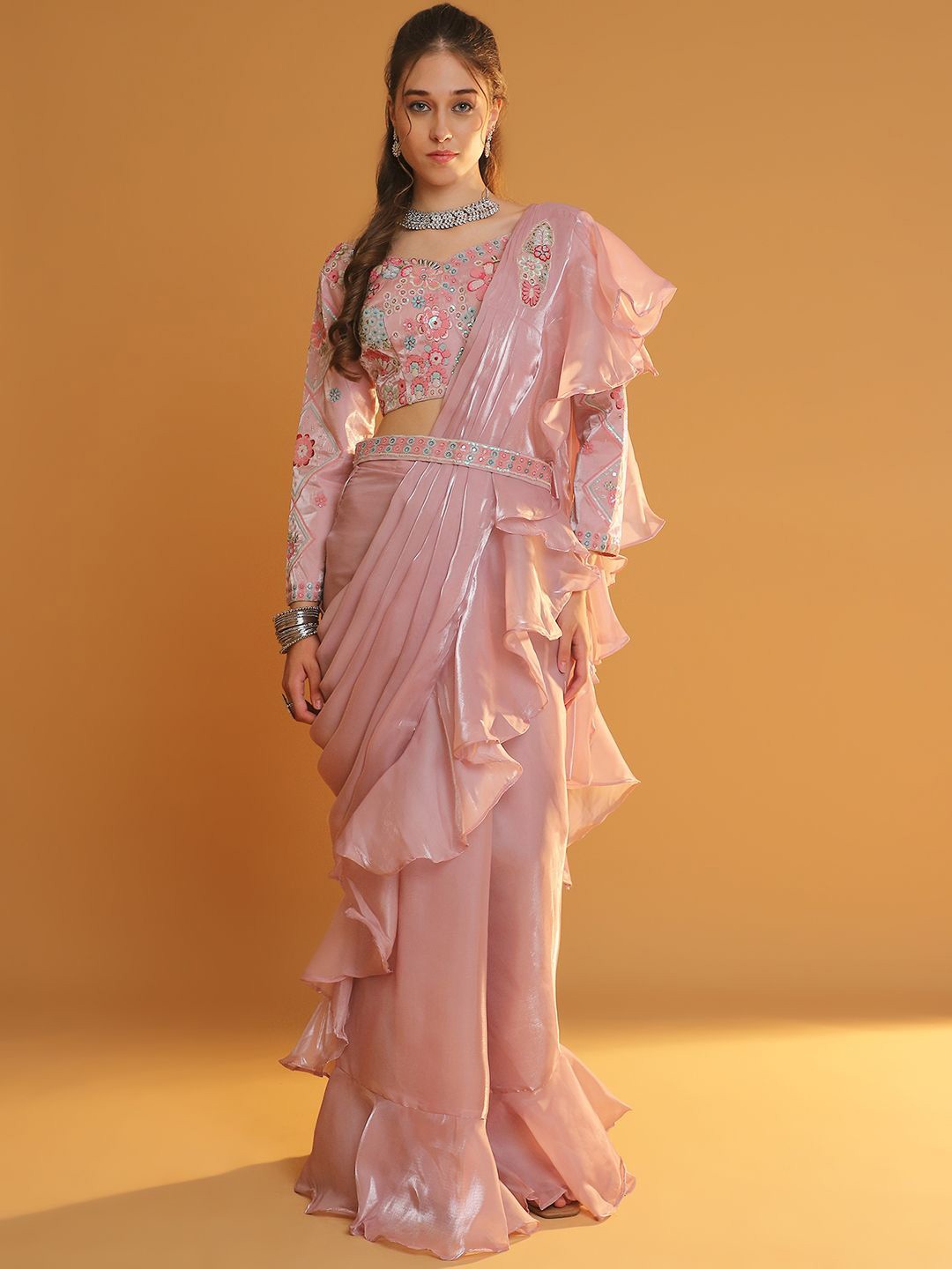 

Grancy Sequinned Ready to Wear Leheriya Saree, Mauve