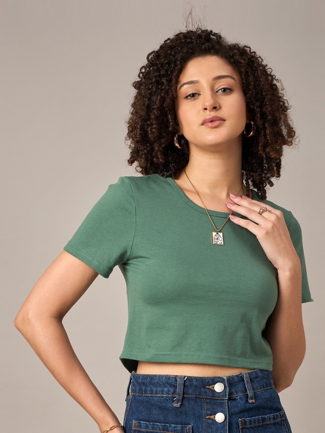 

Mayra Women Solid Round Neck Cotton T-shirt, Green