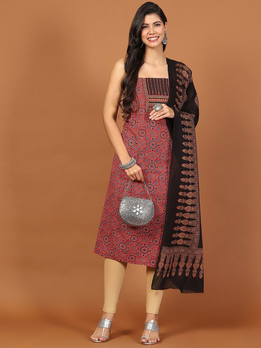 

Meena Bazaar Ethnic Motifs Printed Cotton Unstitched Dress Material, Maroon