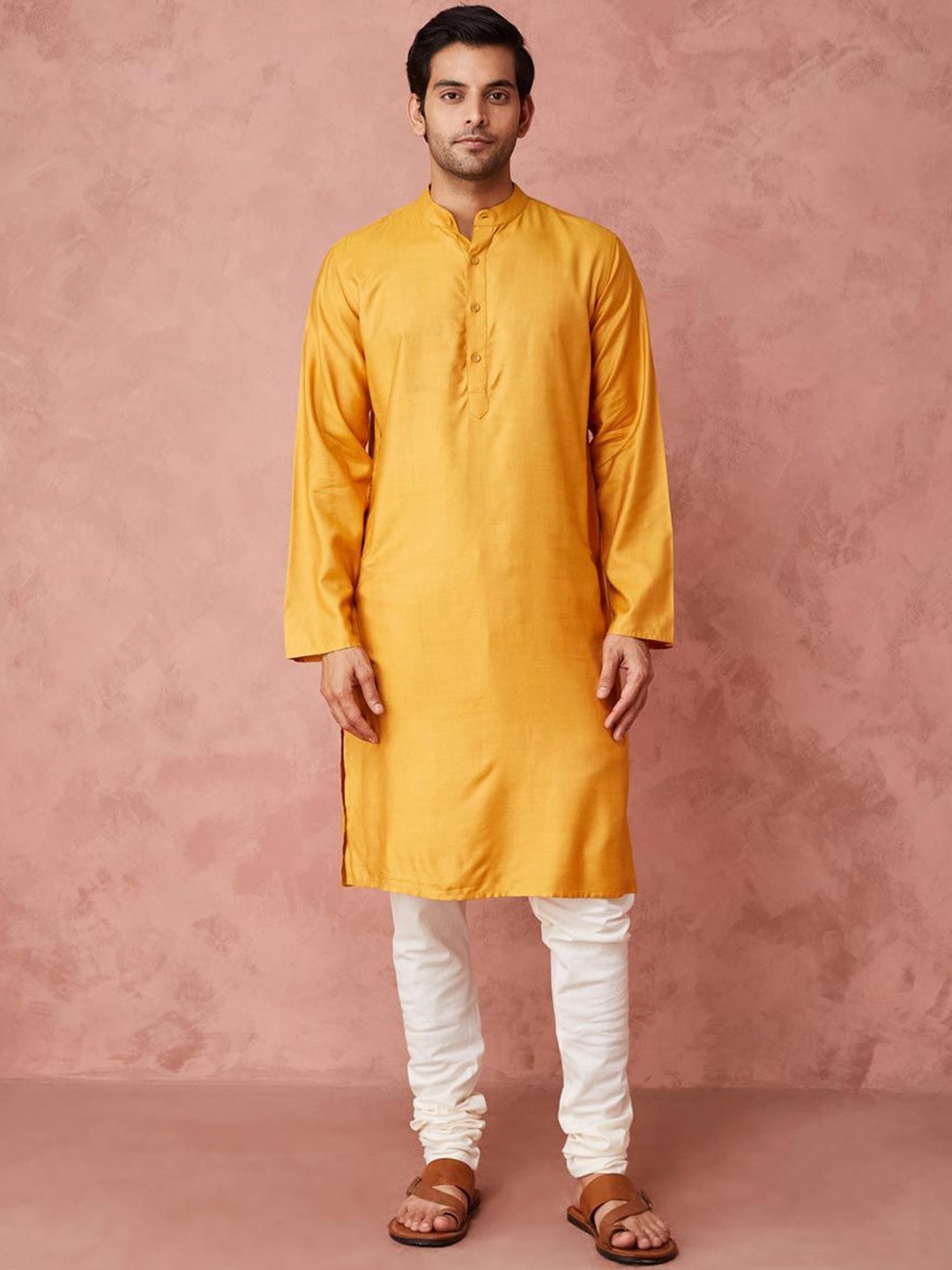 

Fabindia Slim Fit Band Collar Straight Kurta, Mustard