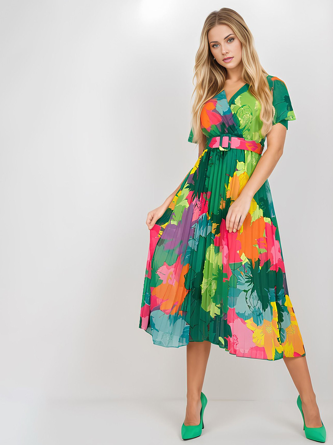 

FIESTA RESORTWEAR Floral Print Georgette Fit & Flare Midi Dress, Green