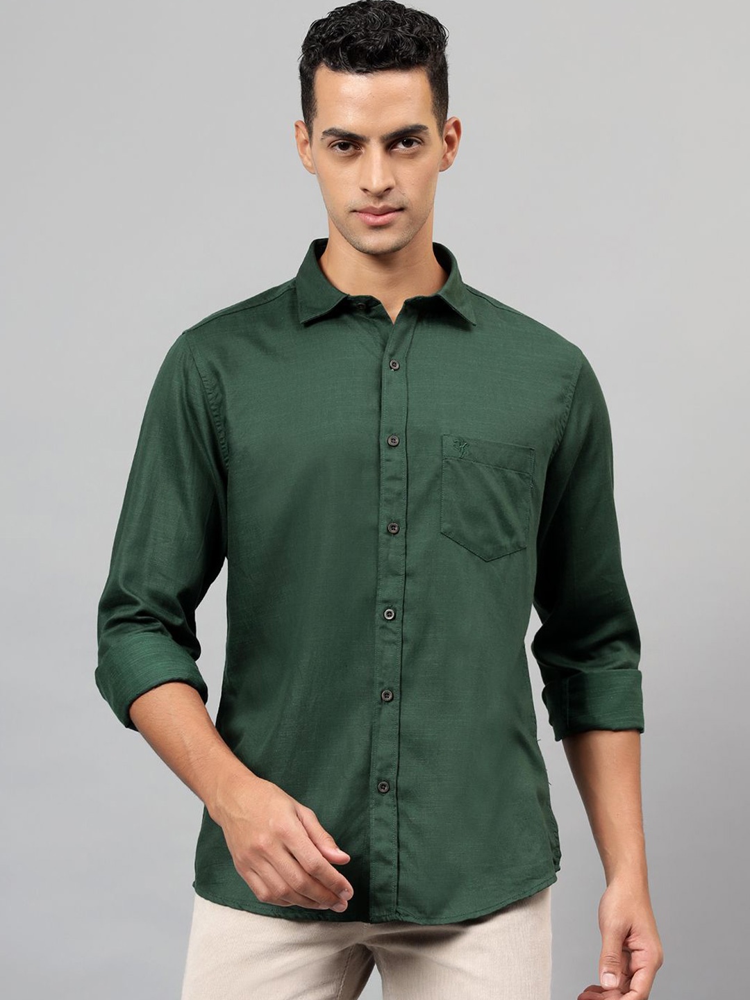 

Cantabil Men Spread Collar Solid Cotton Casual Shirt, Green