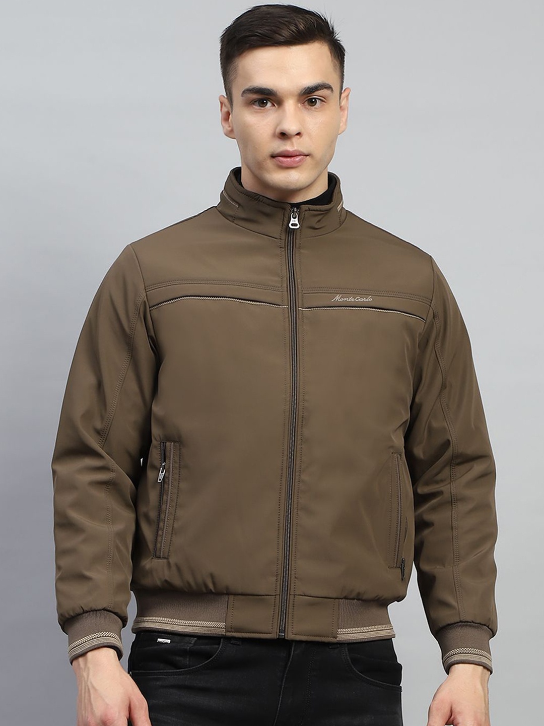 

Monte Carlo Men Mock Collar Solid Casual Bomber Jacket, Brown