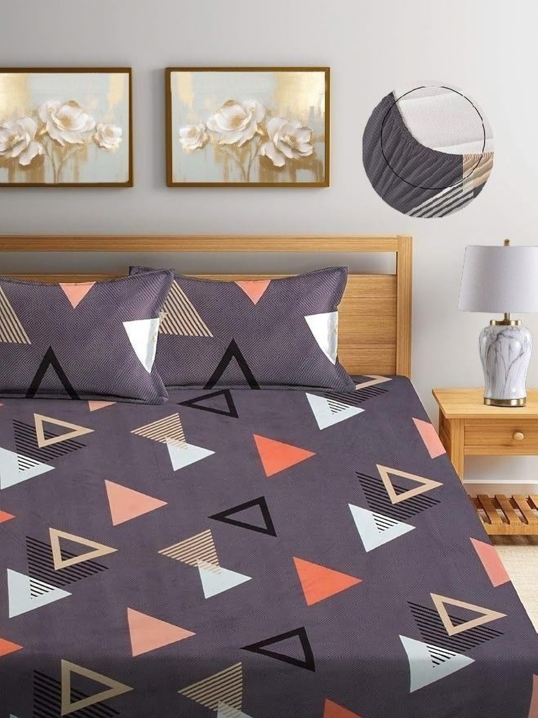 

MORADO Brown & Peach-Coloured Geometric 210 TC Queen Bedsheet with 2 Pillow Covers
