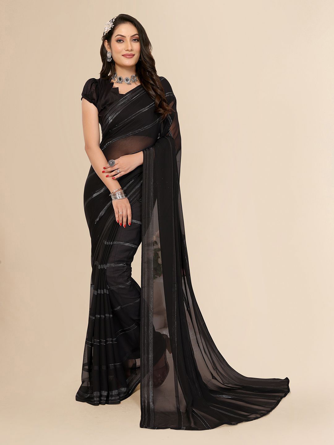 

Moda Rapido Striped Satin Saree, Black