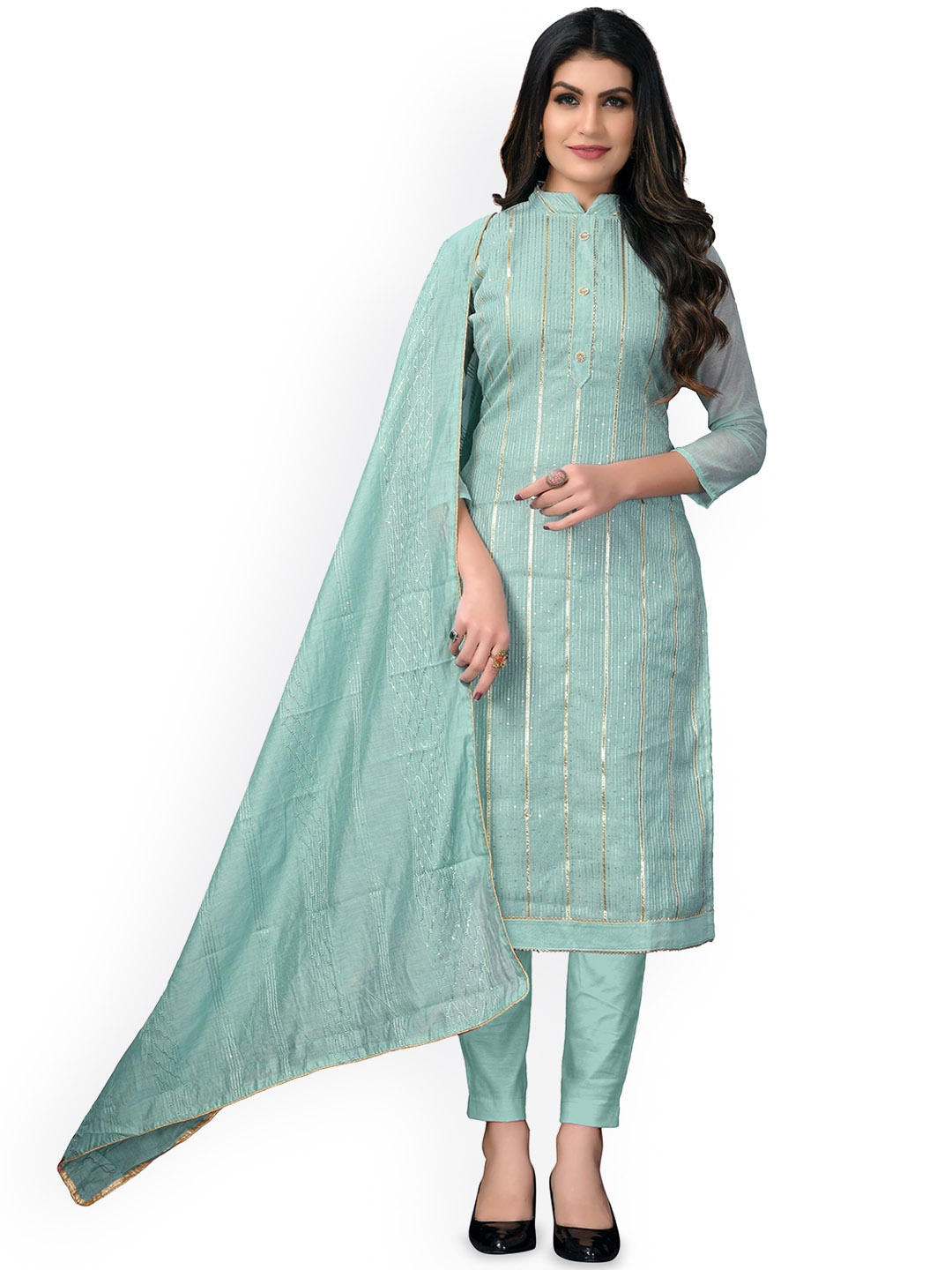 

Maroosh Striped Embellished Unstitched Dress Material, Sea green