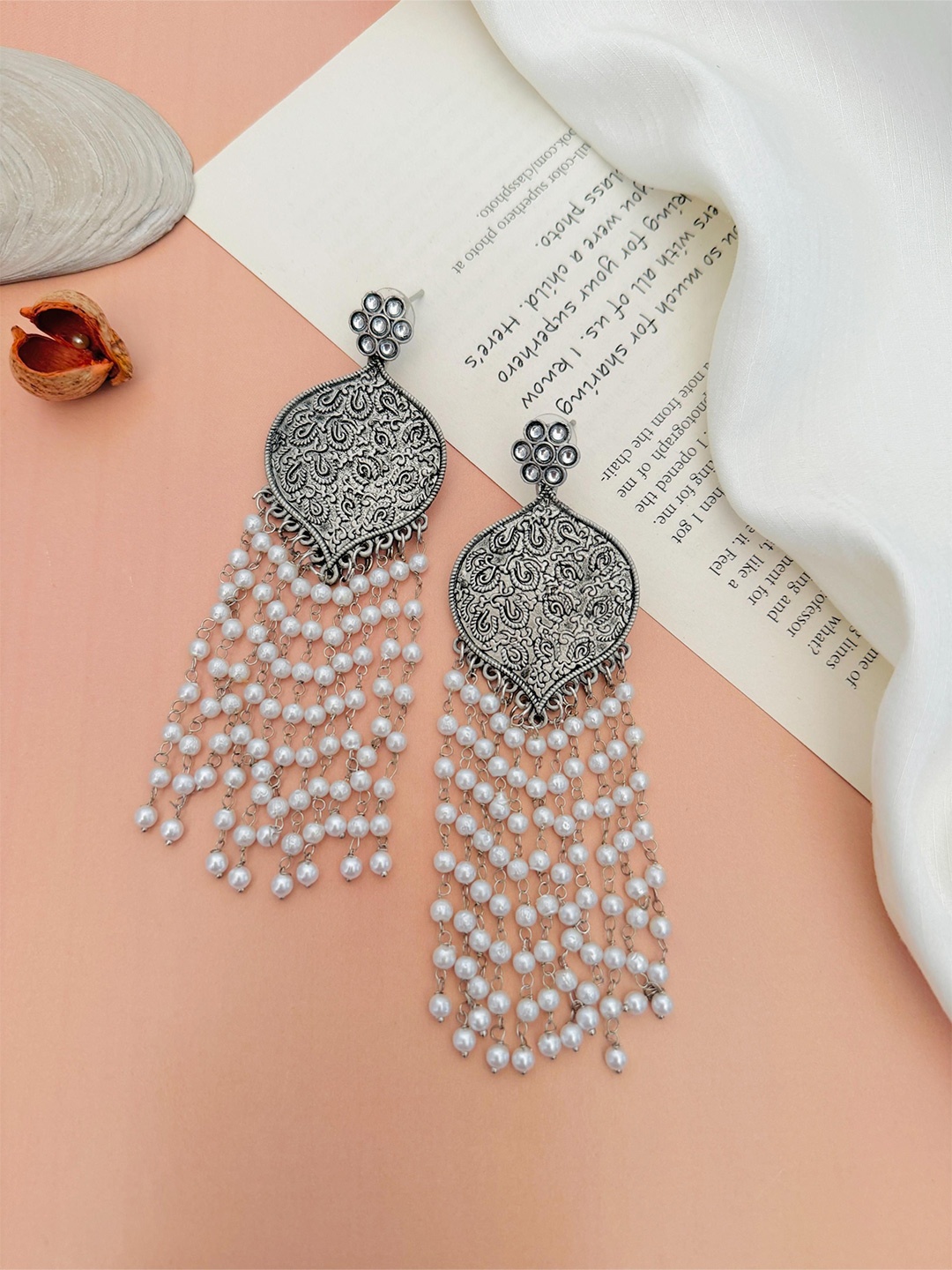 

ABDESIGNS Greman Silver-Plated Beaded High-Quality Ornamental Drop Earrings