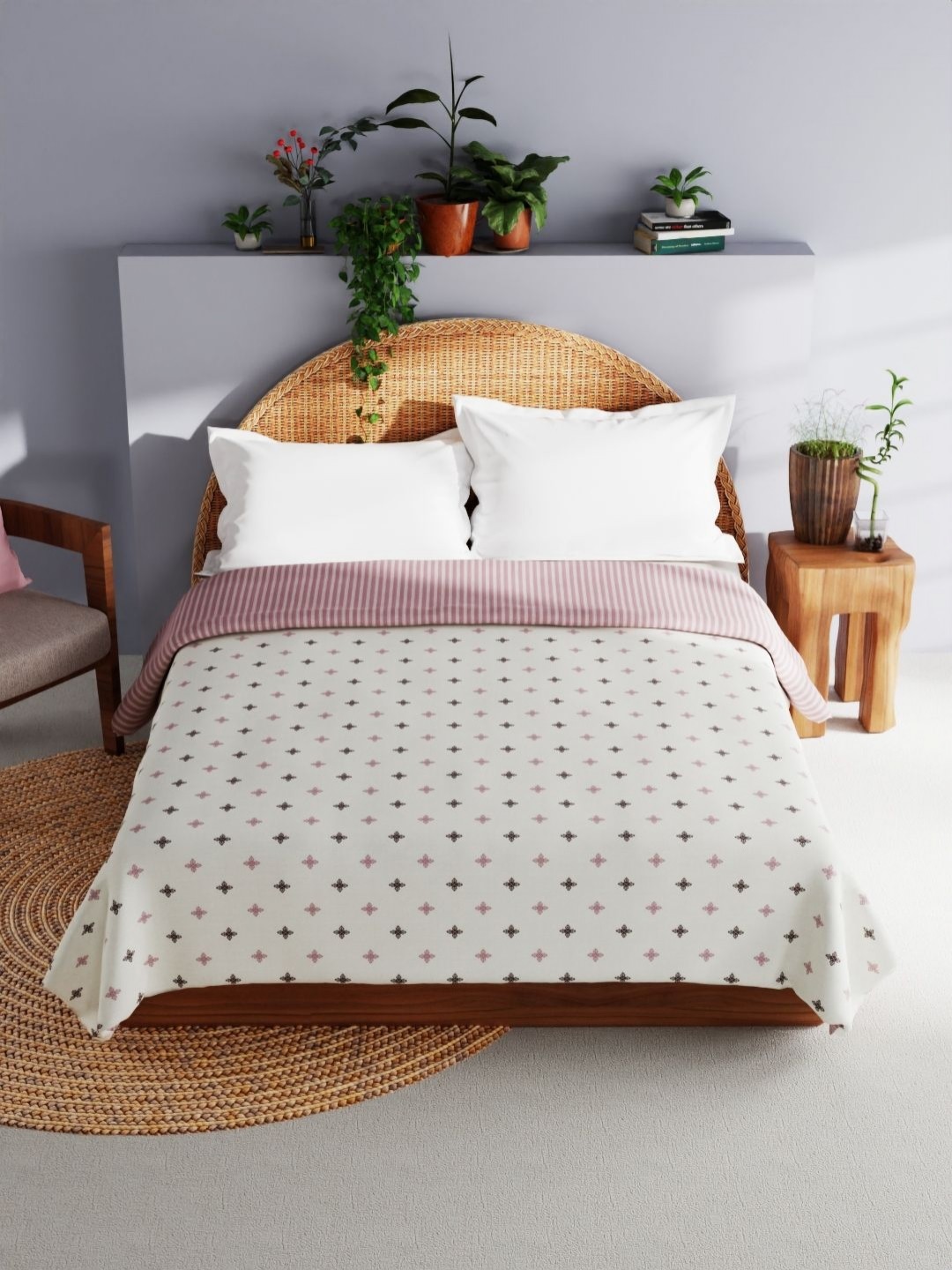 

BIANCA Mezzo Off White & Pink Floral Printed Pure Cotton AC Room 150 GSM Double Bed Dohar